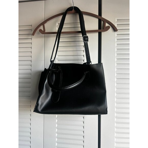 Women Black Faux Leather Satchel Bag With Double Top Handle Zipper Handbag - Picture 9 of 9